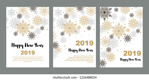 Set of vertical Merry Christmas and Happy New Year greeting card with beautiful golden and black snowflakes. Christmas design for banners, posters, massages, announcements. Space for text