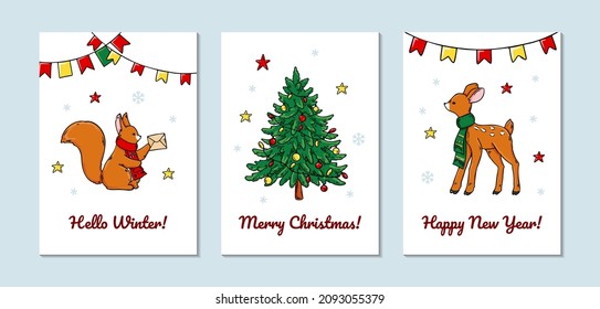 Set of vertical Merry Christmas and Happy New Year greeting cards with cute squirrel and fawn. Hand drawn vector illustration