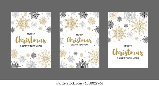 Set of vertical Merry Christmas and New Year greeting cards with beautiful golden snowflakes on white background. Frame with space for text