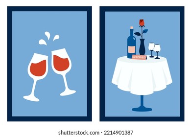 Set of vertical minimalist posters with restaurant table, wine, glass, flower. Modern Valentine's day card. Vector trendy illustration for holidays, romantic dinner, party, wedding, dating, invitation