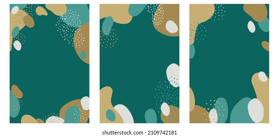 Conjunto de fondo vertical moderno con forma abstracta de color sobre la sombra de terciopelo verde oscuro. Plantilla de portada de moda con lugar para texto para diseño para medios sociales, aplicación móvil. Ilustración vectorial. 