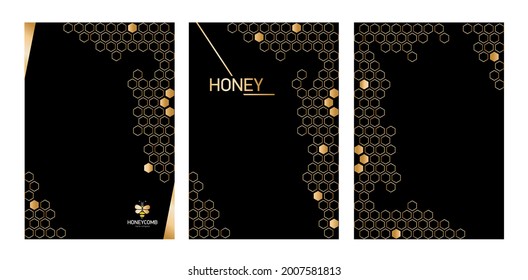 Set Vertical Modern Honeycomb black background with golden honeycomb. Geometric gold hexagons. background with copy space for text. vector Illustration.  