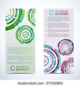 Set of vertical modern virtual technology banners with futuristic circle design elements with gradient overlay and place for text vector illustration