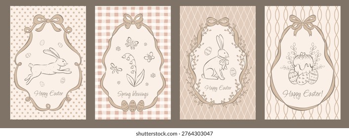 Set vertical monochrome illustrations for festive card, poster or invitation. Template in hand drawn whimsical style. Cute bunnies, flower, insects and decorated eggs in beige brown colors.