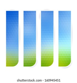 Set of vertical mosaic banners. Blue and green gradient triangle texture.