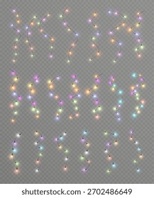 A set of vertical multicolored glowing garlands with bright bulbs on a transparent background. Festive Christmas garlands for winter decor, overlays, cards, and web design.