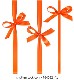 Set of vertical orange ribbons with orange bows for gift decor. Autumn holiday decoration. Vector bow isolated on white