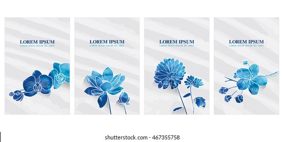 Set of Vertical Oriental Decorative Four Seasons Watercolor Flower Vector Templates