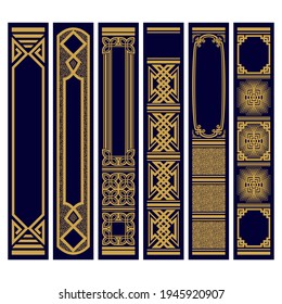 Set of Vertical ornaments for spines of books Samples patterns of roots of the book. Luxury gold on blue. Vector illustration