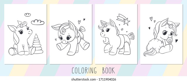 Set of vertical pages for children's coloring book with cute unicorns. White pages with contour unicorns, stars and hearts on a rainbow background.