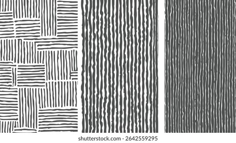  set vertical panels featuring distinct black and white linear patterns. The left panel shows a grid of intersecting lines creating a woven effect. 