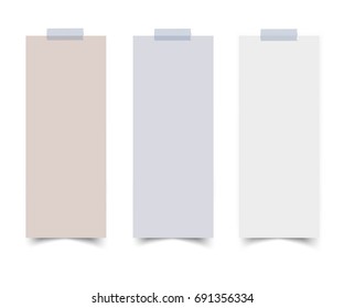 Set of vertical paper card banners with paper  scotch tape. Realistic vector notepaper with torn edges isolated on white background. Paper sheets with shadow.
