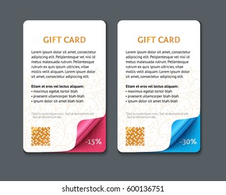 Set of vertical paper gift cards with rolled corners. Gift voucher card template design. Realistic vector illustration