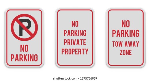 Set of vertical parking signs. White road sign with red text and graphic message. Reserved parking place. No-parking traffic sign. Parking regulation elements. Illustration transparent background.