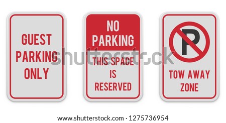 Set of vertical parking signs. White road sign with red text and graphic message. Reserved parking place. No-parking traffic sign. Parking regulation elements. Illustration transparent background.