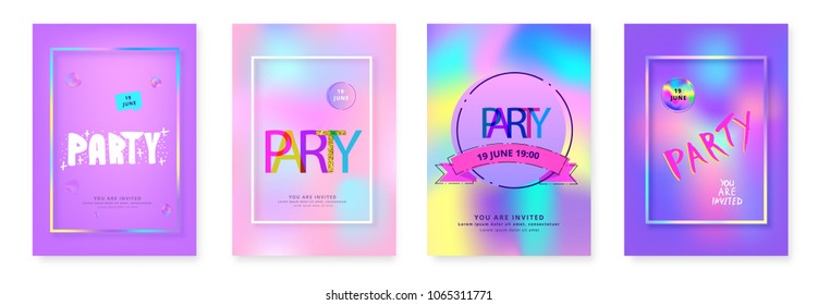 Set of Vertical Party banners. Holography elements. Template for holiday design. Vector illustration.