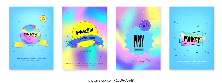 Set of Vertical Party flyers. Holography elements. Template for holiday design. Vector illustration.