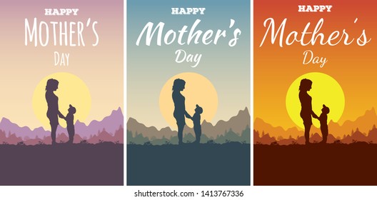 Set of vertical pattern and design for Happy Mother's Day. Silhouette of profile in a field mother and son on background a mountain landscape. A woman and a child look at each other holding hands.