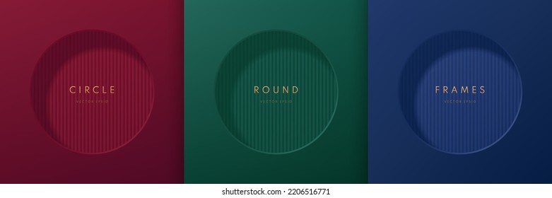 Set of vertical pattern texture in round 3D frame on dark blue, red, green luxury background. Abstract circle wall scene for mockup product display or copy space. Geometric background. Vector EPS10.