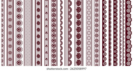 Conjunto de fitas de renda com padrão vertical. Ilustração vetorial da borda de fita de renda sem costura