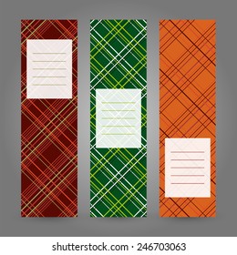 Set of Vertical Plaid Banners. Abstract Geometric ornaments. Vector Illustration for print, flyer or leaflet. Simple design for invitation, postcard or poster.