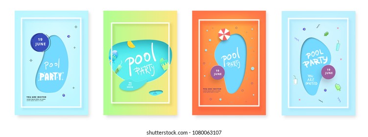 Set of Vertical Pool Party banners.  Template for holiday summer flyer design. Vector illustration.