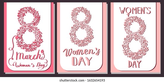 Set vertical postcard to March 8 Women's Day.  Greeting card.8 shape with flowers and leaves.Beautiful background cards for greeting,invitation,greeting with women's day,8 march.Spring holiday.Vector.