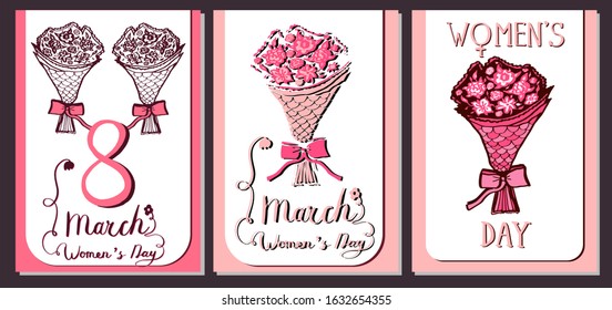 Set vertical postcard to March 8 Women's Day in cartoon style. Greeting card.8 shape with flowers bouquet. Background cards for greeting, invitation,greeting with women's day, 8 march.Holiday. Vector.