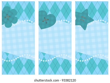 set of vertical postcards with blue stylized button