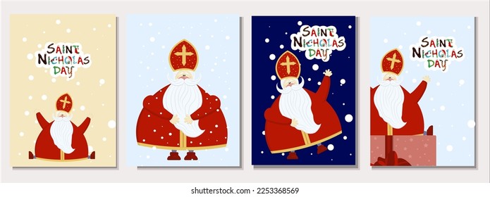 A set of vertical postcards for Saint Nicholas Day. Bright funny postcards Saint Nicholas.