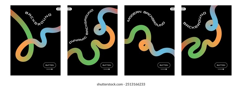 Set of vertical posters with an abstract liquid stripe in rainbow colors. Modern card design with colorful ribbon and empty space for text.
