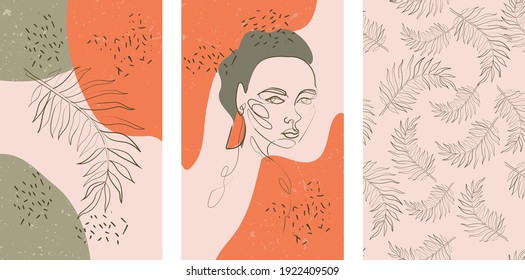 Set of vertical posters in abstract style with outline woman and tropical palm leaves. In pastel neutral coral and red colors. The design concept for wall decoration,  postcard or brochure design
