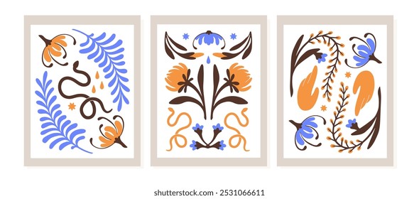 Set of vertical posters with abstract wildflowers. Stylish flowers, blossom plants with leaves and esoteric snakes. Floral wall art for modern interior decoration. Flat vector illustrations