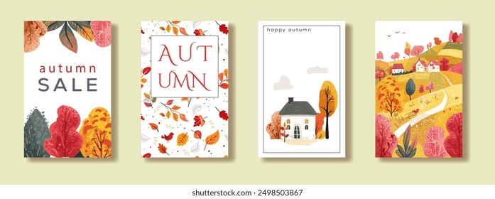 A set of vertical posters with autumn cards. Landscape hills. Nice house. Invitation to the sale. Magazine and book cover.