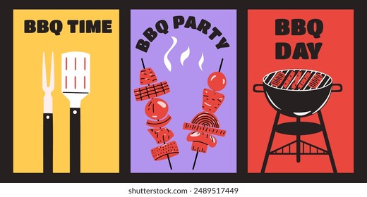 Set of vertical posters with BBQ party. Template vector design with Barbecue different  flyer.