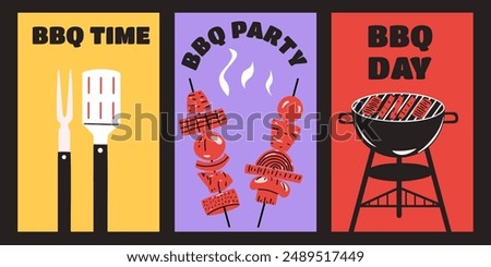 Set of vertical posters with BBQ party. Template vector design with Barbecue different  flyer.