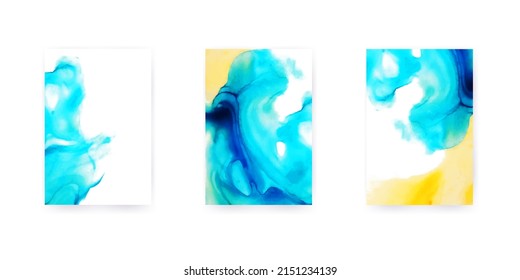 Set of vertical posters with bright abstract watercolor background in blue, yellow colors for your text. Hello summer. Triptych. For invitation card template, cover, wallpaper. Vector illustration.
