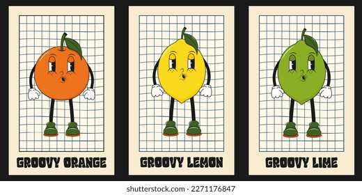 Set of vertical posters with groovy hippie fruits. Orange,lemon and lime in trendy 70s, 60s style.