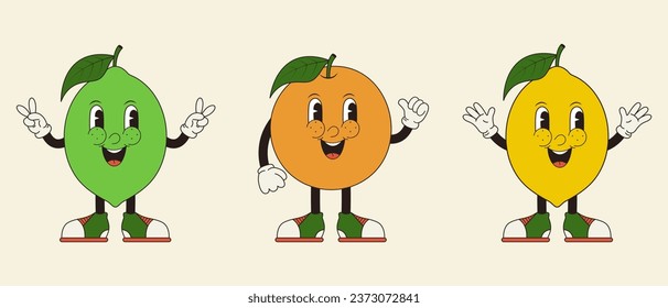 Set of vertical posters with groovy hippie fruits. Orange,lemon and lime in trendy 70s, 60s style.Vector illustration