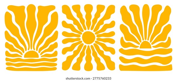 Set of vertical posters with groovy sun and sea silhouettes. Wavy orange rays. Groovy sunburst, sunrshine or sunlight wallpapers. Summer theme prints. Positive vibes designs. Vector flat illustration.