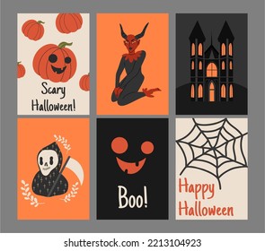 Set of vertical posters for Halloween. Sinister pumpkins, a creepy castle, poutine, a demon and death with a scythe. Flat vector illustration for print posters, banners and flyers.