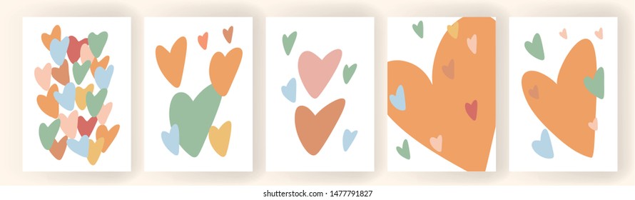 Set of vertical posters with hand drawn hearts. Cute vector illustration 