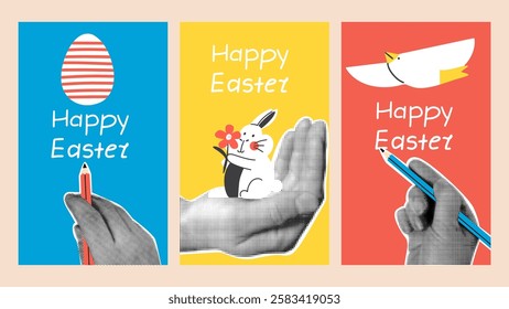 Set of vertical posters for Happy Easter day with egg, Easter bunny and bird. Halftone hands in vintage style.