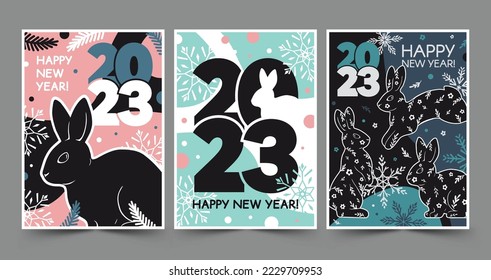 Set of vertical posters Happy New Year 2023 with rabbit. Modern vector illustration in trendy colors.