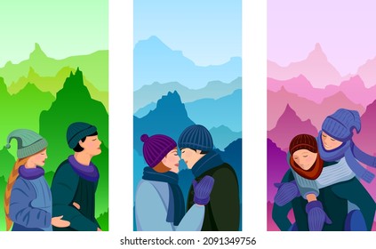 A set of vertical posters with illustrations of young people in love walking together. Valentine's Day. Lover's walk. Guy and girl spend time together in the mountains