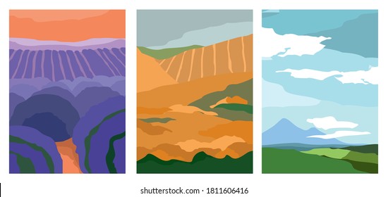 Set of vertical posters with nature landscapes in different seasons. Lavender, flower, wheat fields drawn in a trendy cut-out style. Covers for notebooks, brochures, and books. Vector illustration.