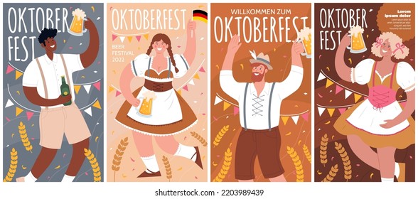 Set of vertical posters for Oktoberfest. Beer Festival. Diverse people drink beer and have fun. Vector flat illustration.