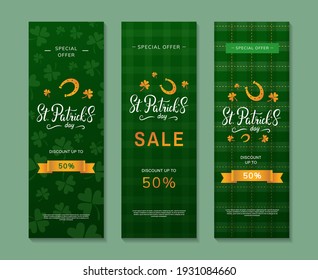 Set of vertical posters for St. Patrick's Day sale. Flyer or web banner design template with handwritten lettering, text, horseshoe and clover symbols. - Vector illustration