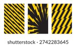 Set of vertical posters with thunder bolt effect. Yellow lightning shapes on black background. Wallpapers with manga style print. Flash electric light patterns. Vector flat illustration.