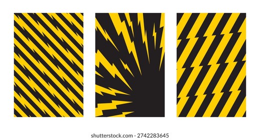 Set of vertical posters with thunder bolt effect. Yellow lightning shapes on black background. Wallpapers with manga style print. Flash electric light patterns. Vector flat illustration.
